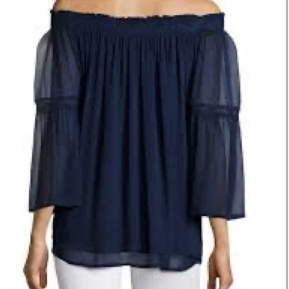 Anthropologie Love Sam silk navy blue off the shoulder chiffon lined boho top. S - Picture 1 of 9